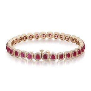 Emerald Cut Ruby and Diamond Tennis Bracelet 14K Yellow Gold 7 Inches